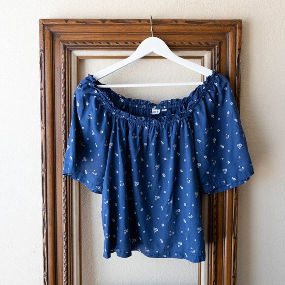 Gap Top Sz XS Navy Blue Floral Squareneck Short Sleeves 100% Cotton CottageCore - Picture 1 of 5